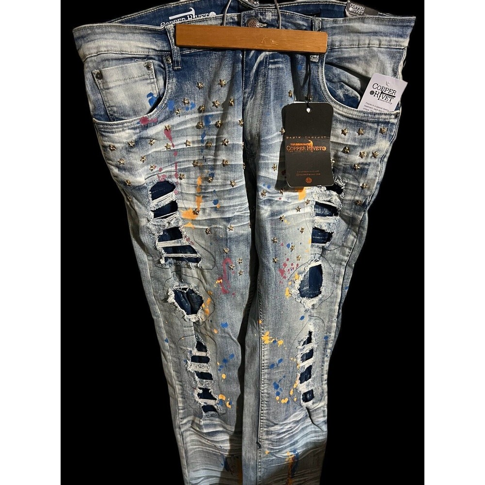 Copper Rivet Pants Adult Men's 40x32 Blue Distressed Slim Fit Jeans NWT